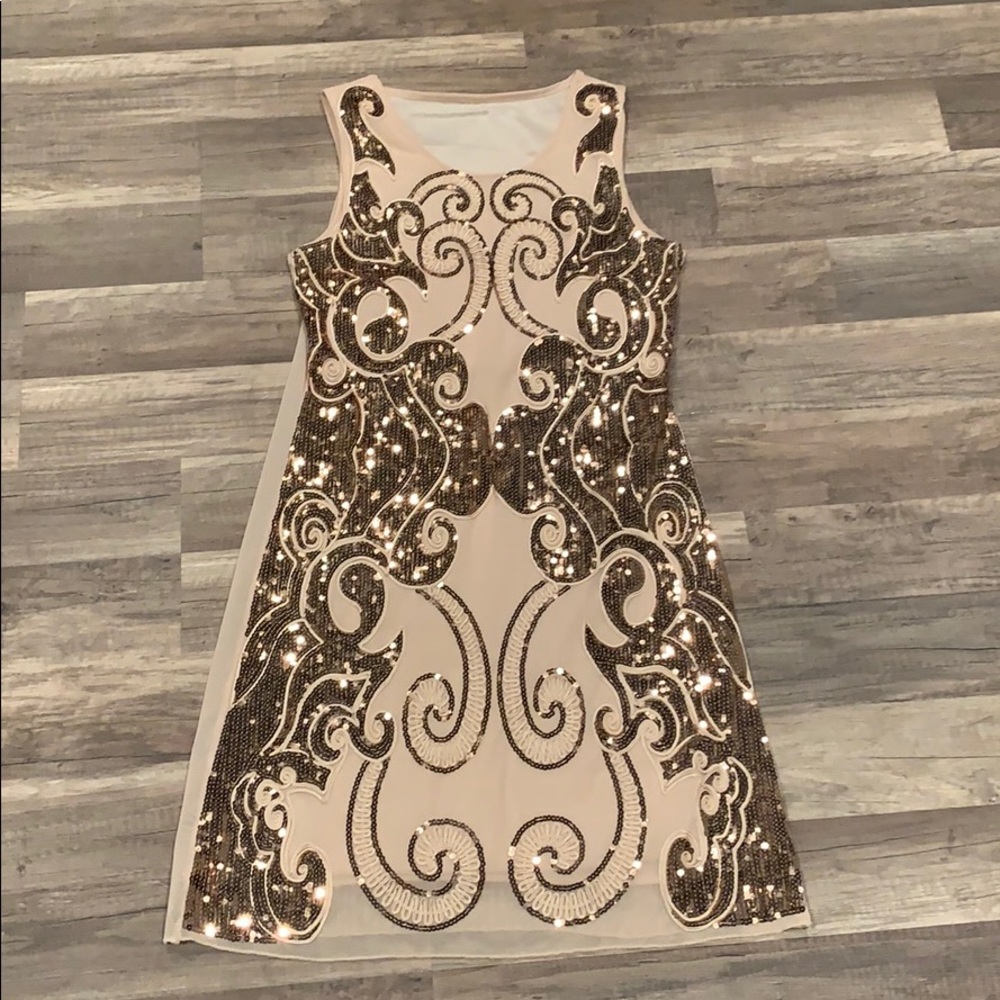 Nude with gold sequin cocktail dress